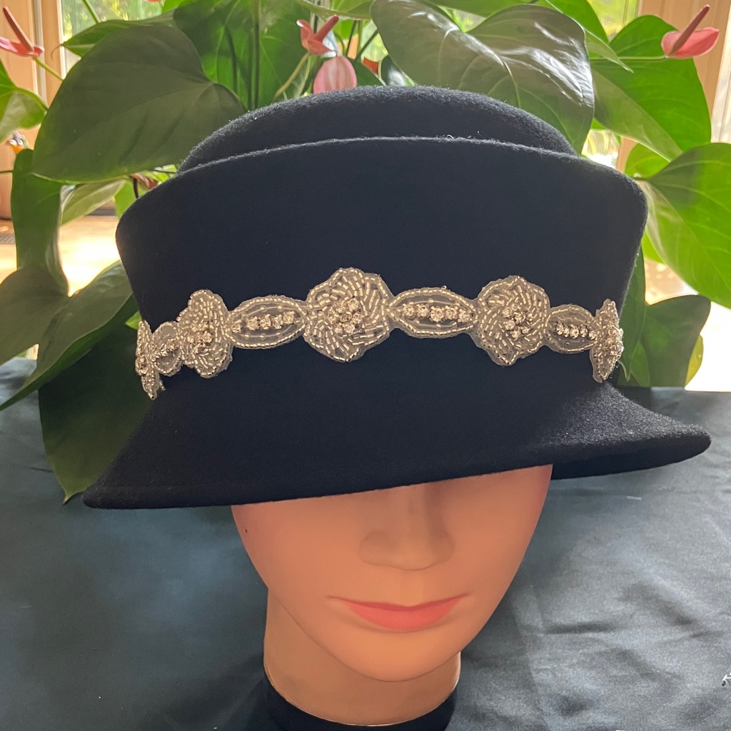 Elegant Black Wool Hat With Silver Rhinestone Beaded Floral Band
